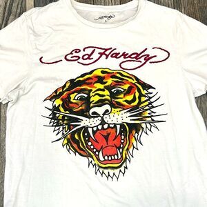 🔥 Y2K ED HARDY DESIGNS Tiger Face Graphic T-Shirt Sz LARGE - Excellent Conditio